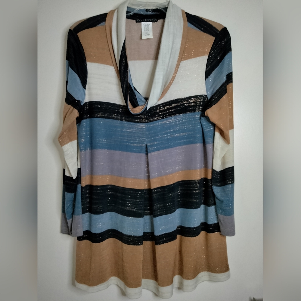 Coco Bianco (Size XL) Multicolor & Metallic Thread Stripe Cowl Neck LS Tunic Top